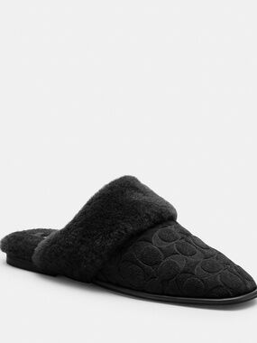 New Coach Black Sherpa Flat Mule Shoes In Signature Suede